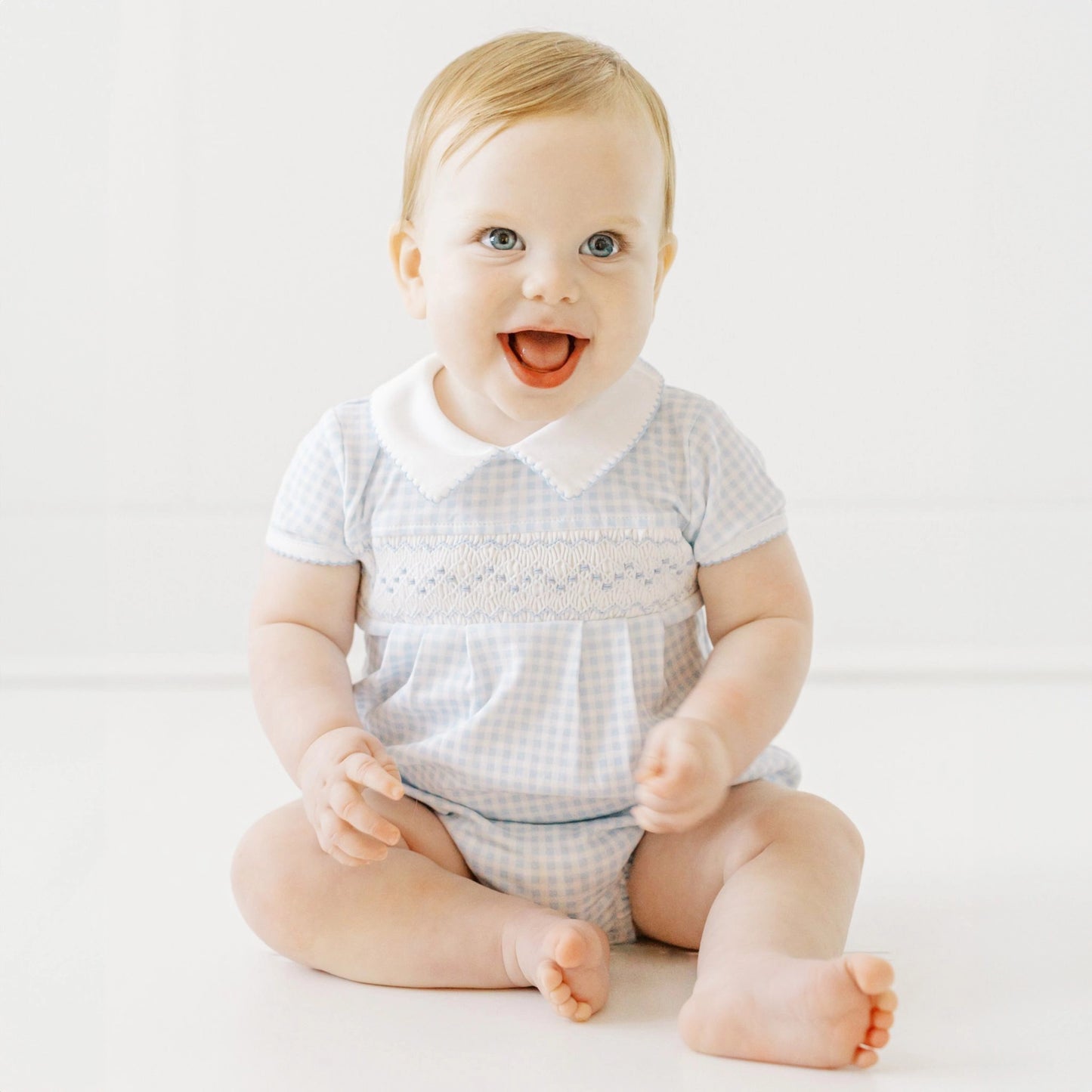 Mini Checks Short Sleeve Smocked Bubble - Blue