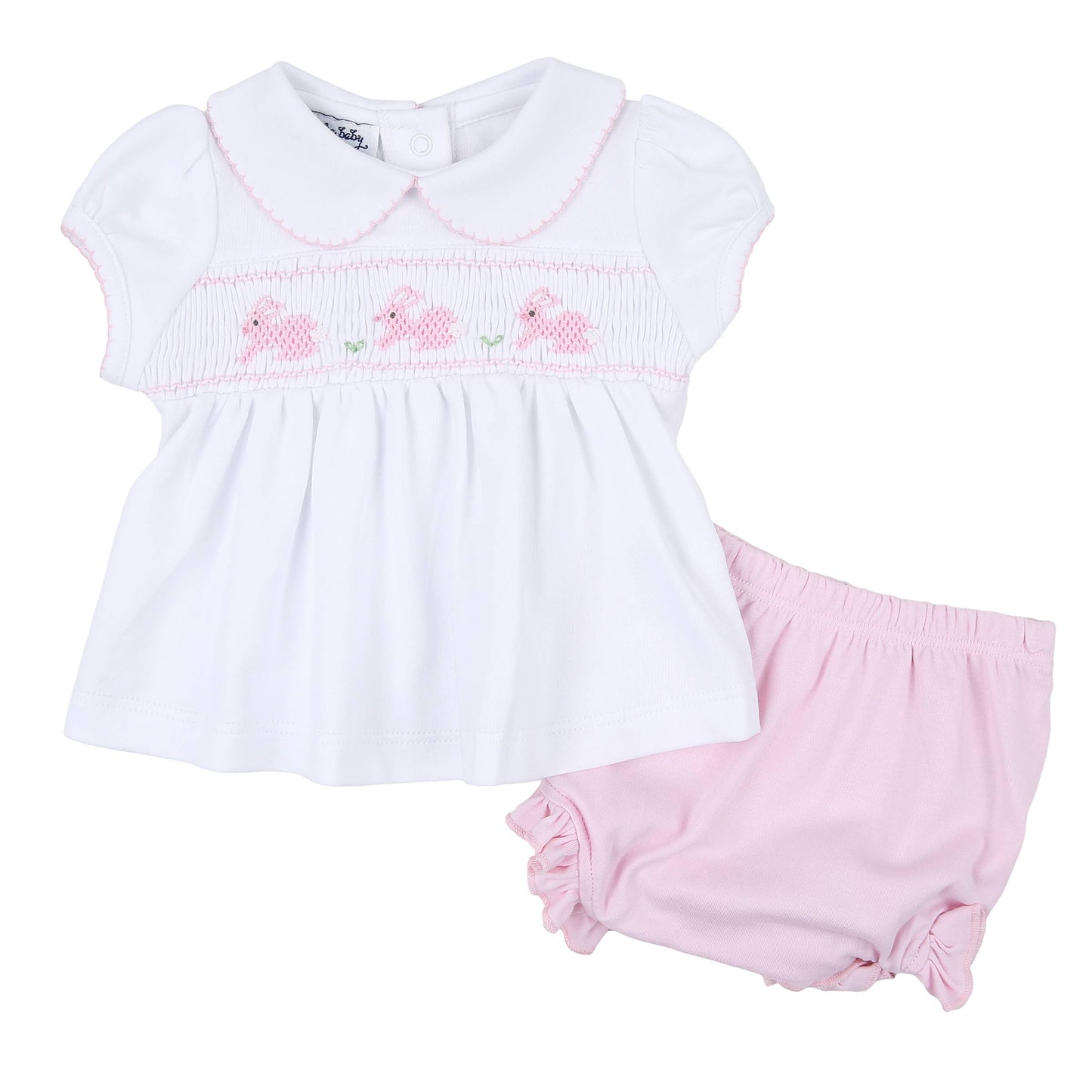 Pastel Bunny Pink Smocked Collared Ruffle Diaper Cover Set Pink