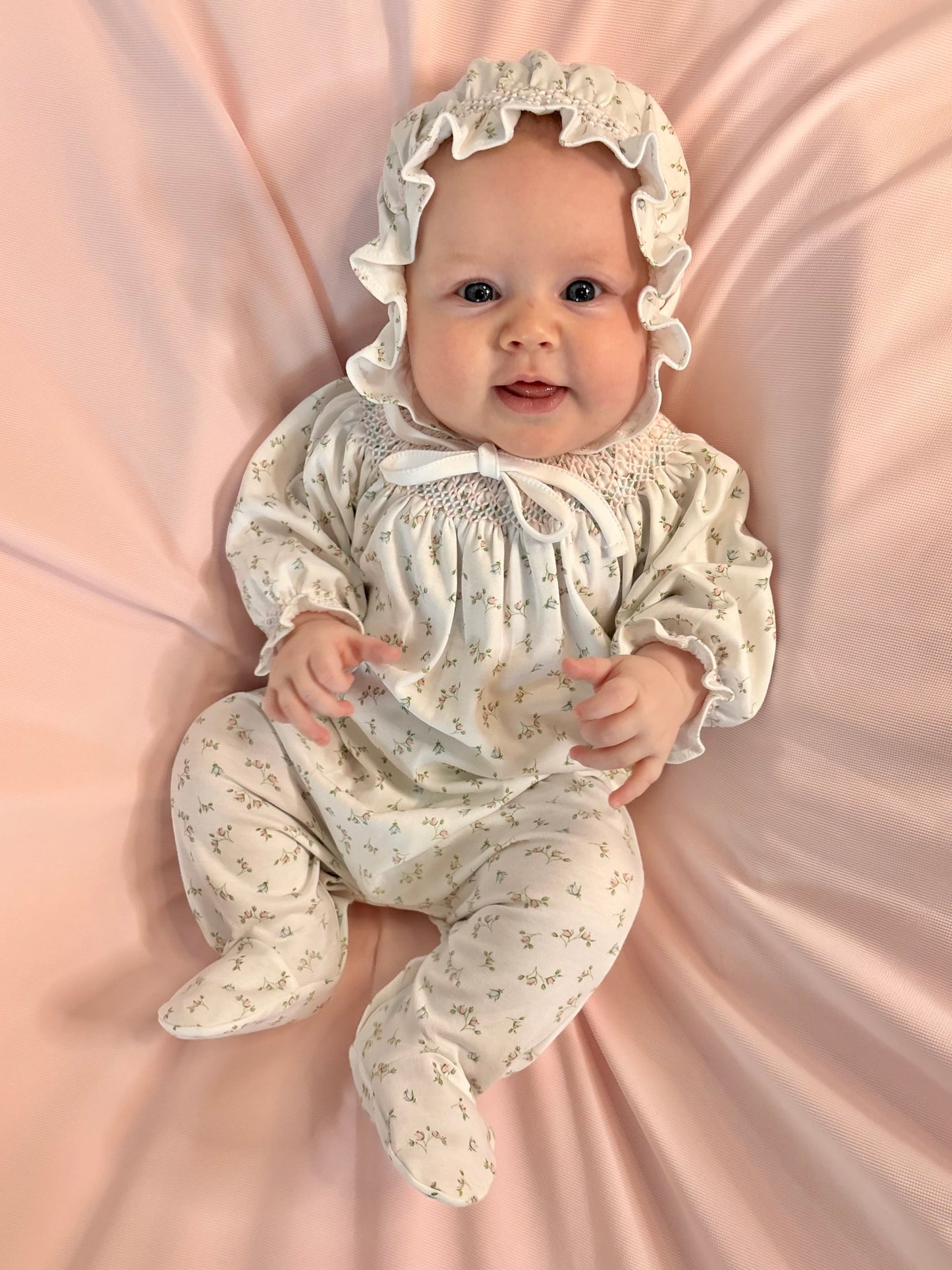 Vivian Pink Floral Hand Smocked Bishop Footie