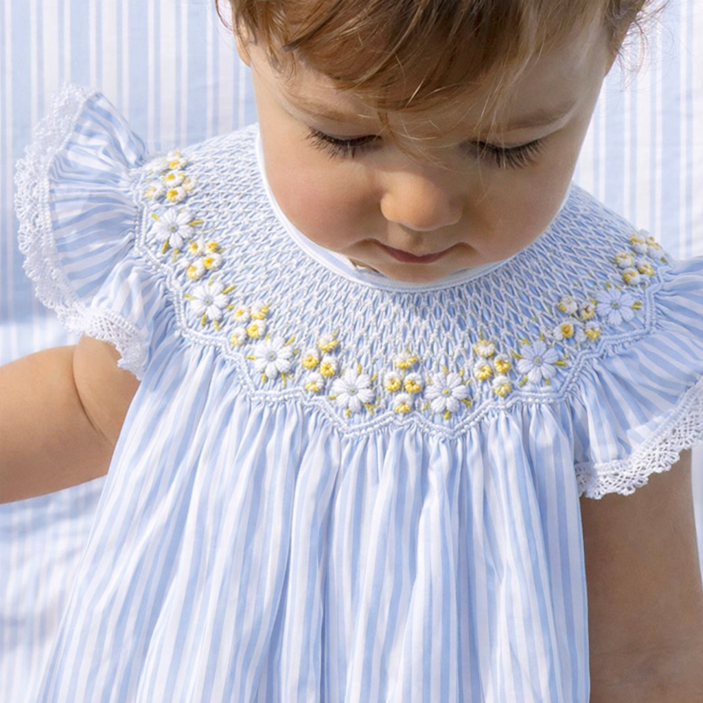 Daisy Blue Stripes Hand Smocked Bishop Dress