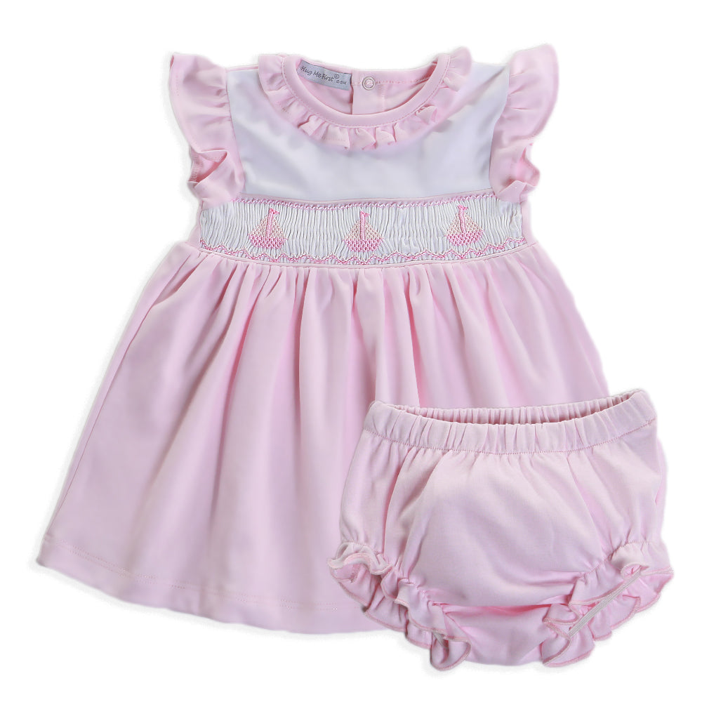 Pink Sailboat Hand Smocked Pima Diaper Set