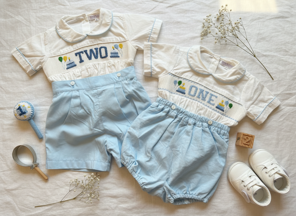 “TWO” Hand Smocked Birthday Boy Button In Set