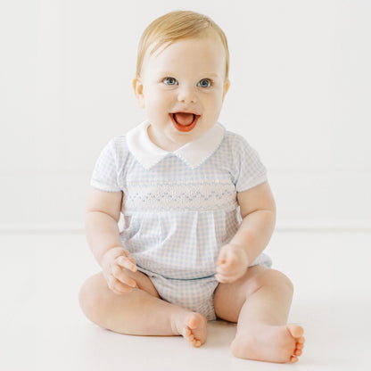 Mini Checks Short Sleeve Smocked Bubble - Blue