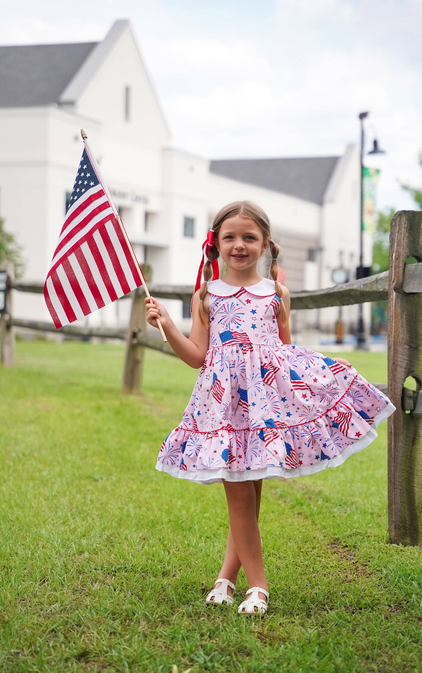 Fireworks Peter Pan Collar Flag Print Pink Dress
