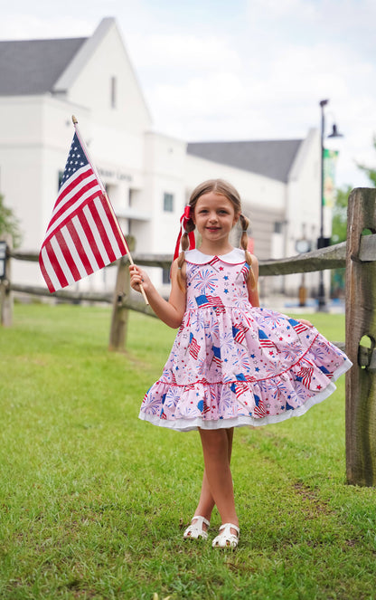 Fireworks Peter Pan Collar Flag Print Pink Dress