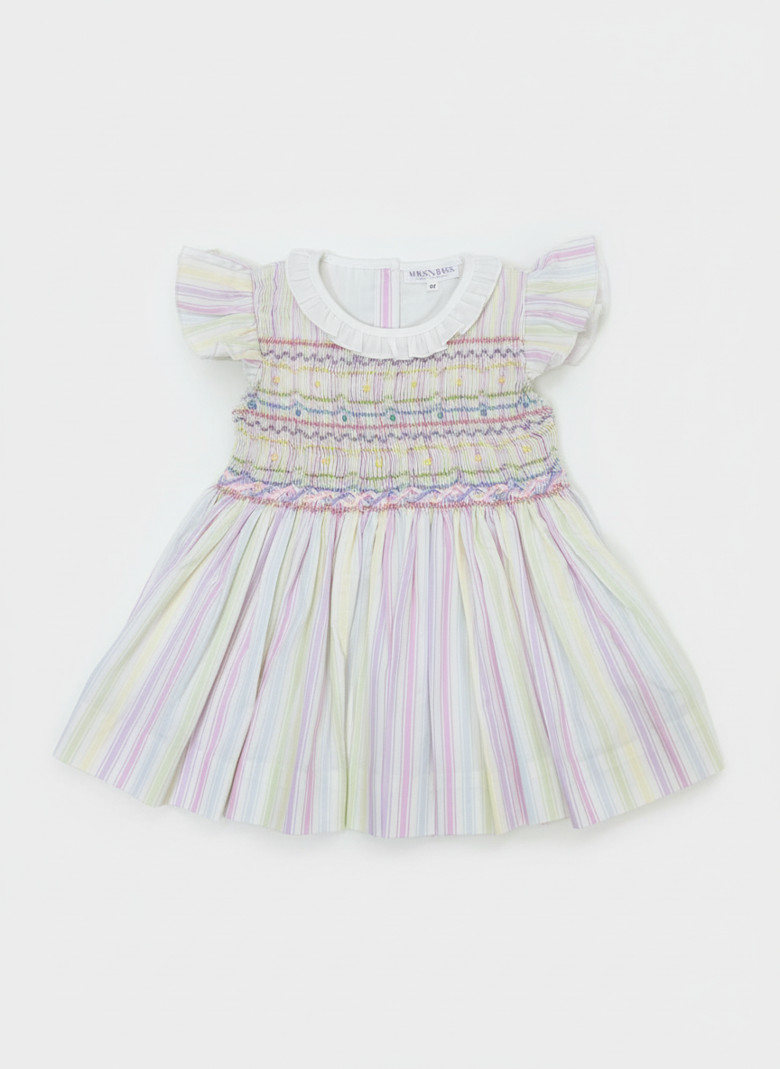 Pastel Stripes Hand Smocked Flutter Dress w/ Bow