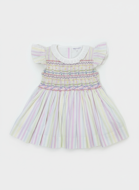 Pastel Stripes Hand Smocked Flutter Dress w/ Bow