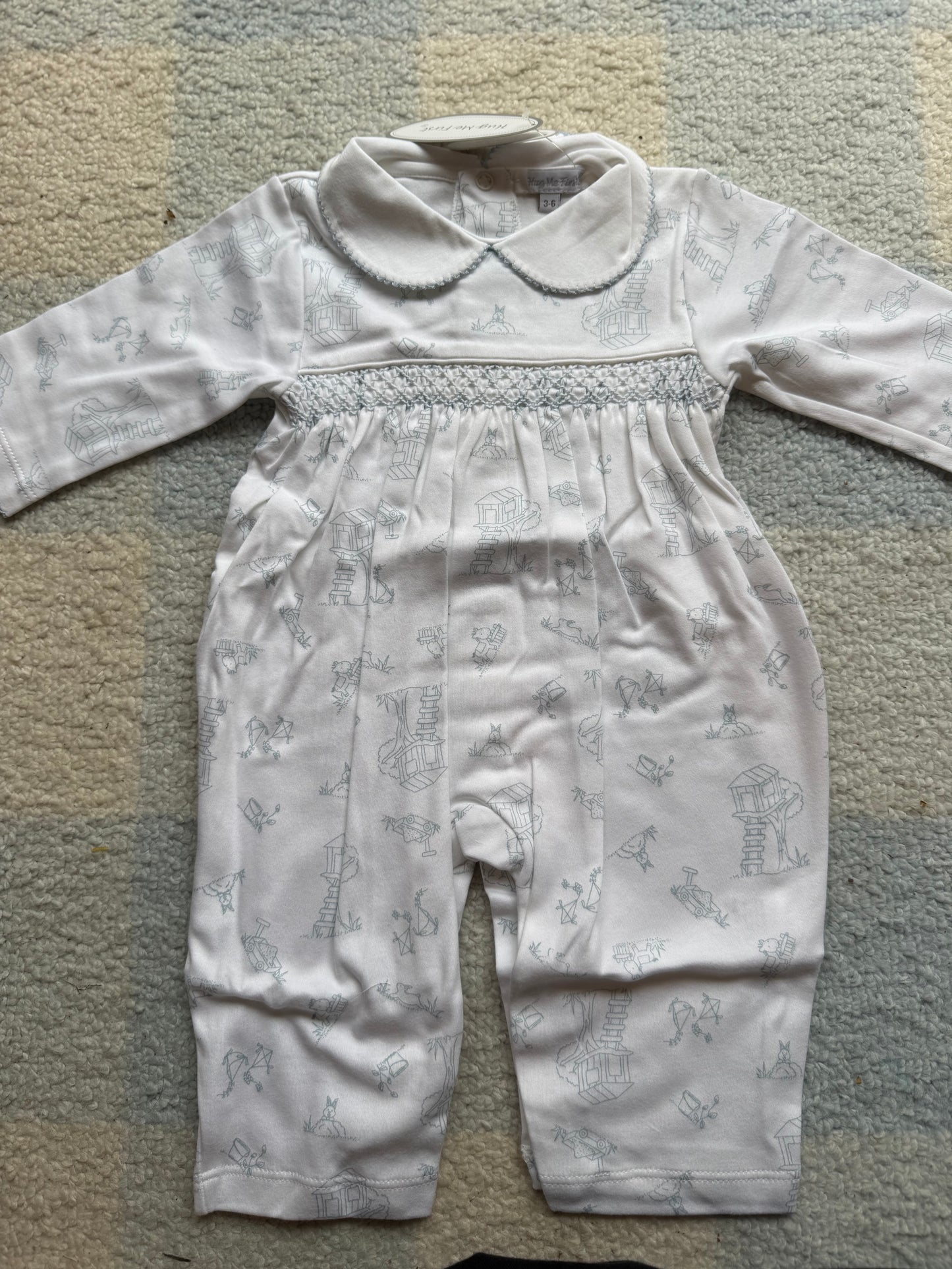 Blue Toile Hand Smocked Collared Pima Romper