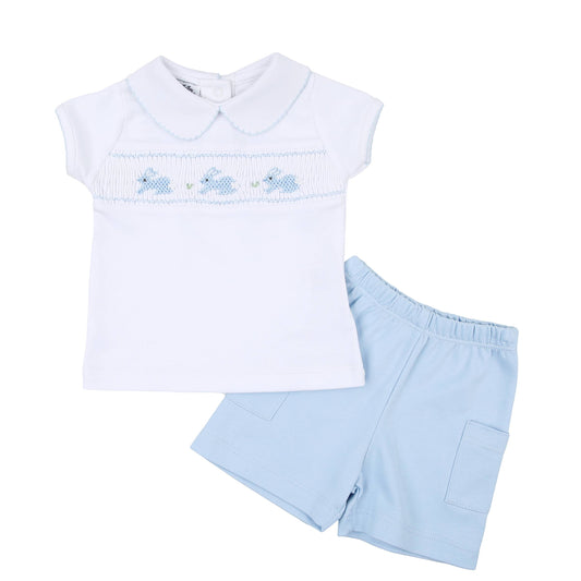 Pastel Bunny Blue Smocked Collared Short Set Blue
