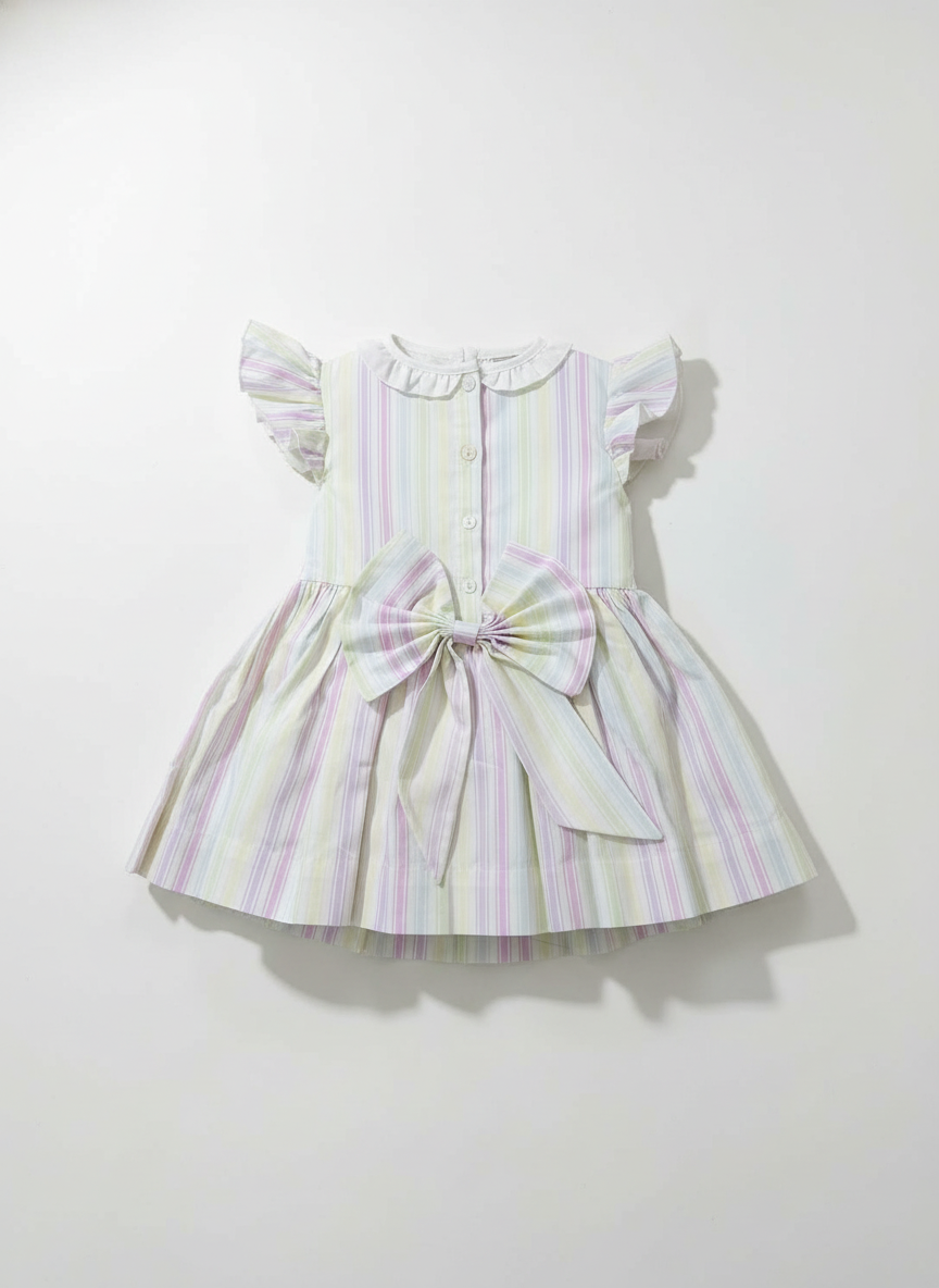 Pastel Stripes Hand Smocked Flutter Dress w/ Bow