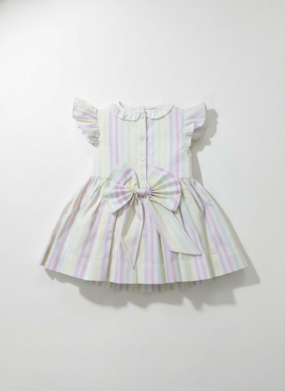 Pastel Stripes Hand Smocked Flutter Dress w/ Bow