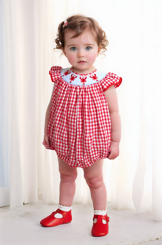 Red Gingham Lobster Smocked Angel Wing Sleeve Bubble