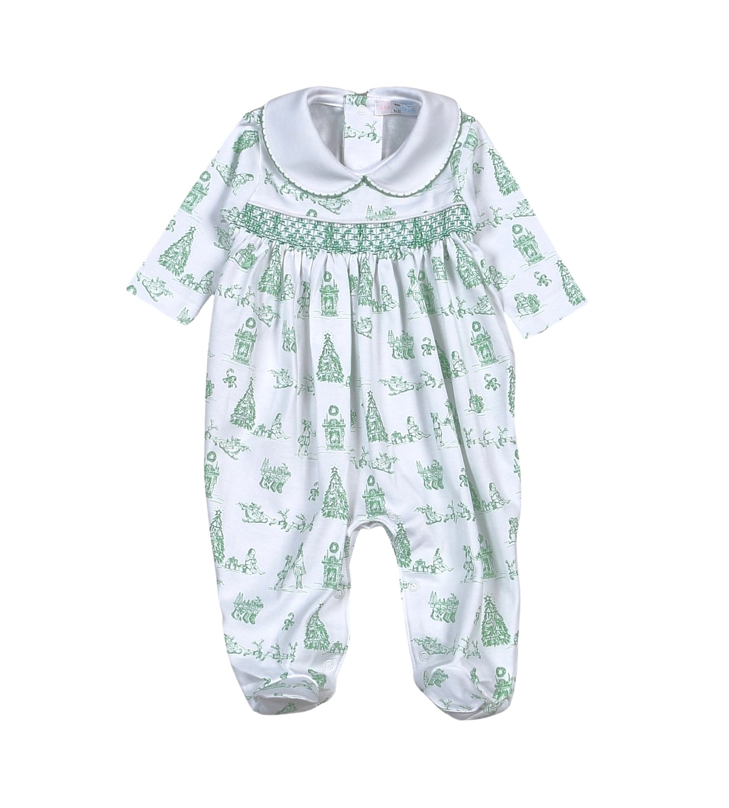 GREEN TOILE CHRISTMAS HAND SMOCKED PIMA FOOTIE