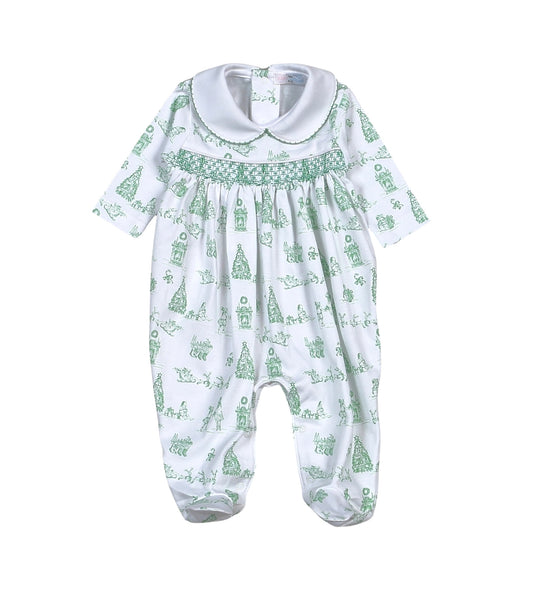 GREEN TOILE CHRISTMAS HAND SMOCKED PIMA FOOTIE