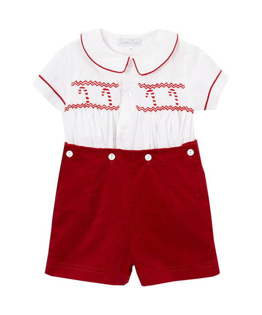 Red and White Candy Cane Smocked Button-in Short Set