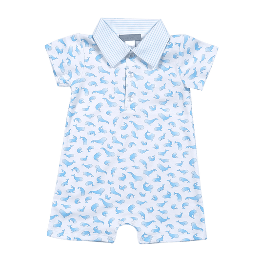 Blue whales Pima Romper with polo collar