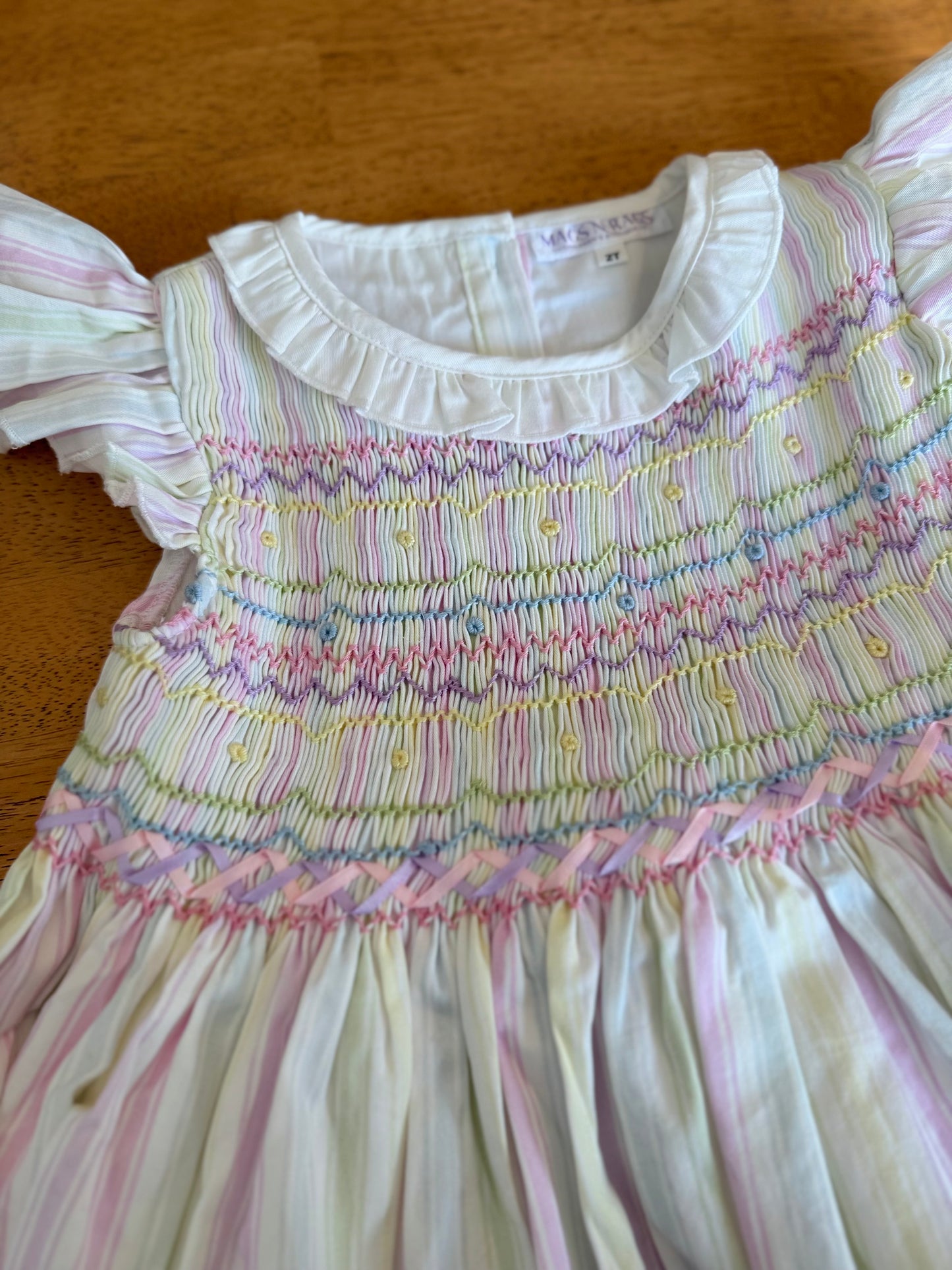 Pastel Stripes Hand Smocked Flutter Dress w/ Bow