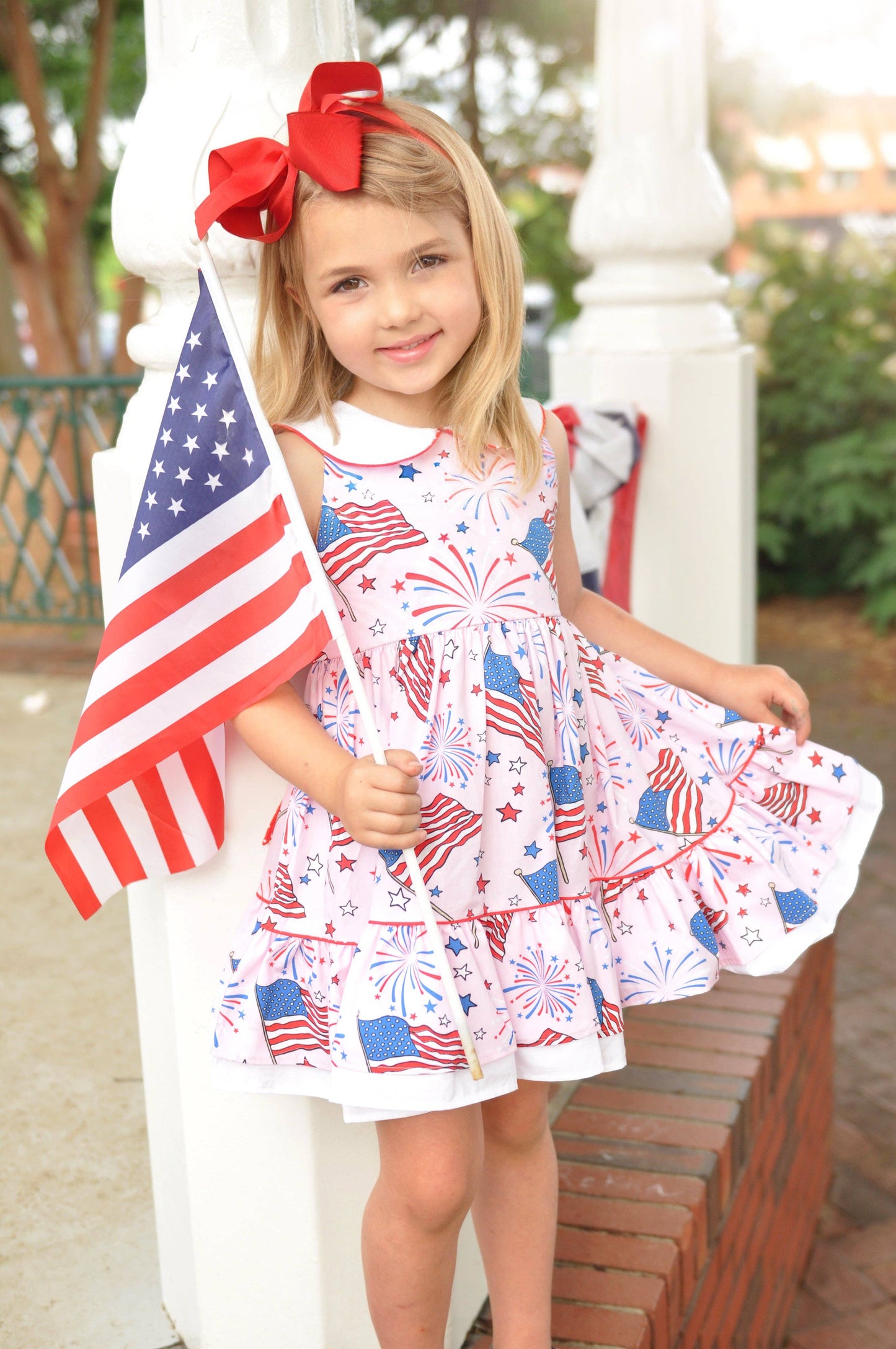 Fireworks Peter Pan Collar Flag Print Pink Dress