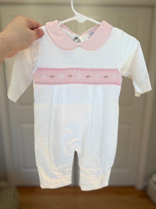 WHITE / PINK COLLARED HAND SMOCKED PIMA ROMPER