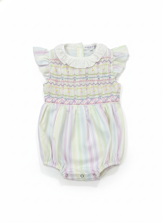 Pastel Stripes Hand Smocked Flutter Bubble w/ Bow