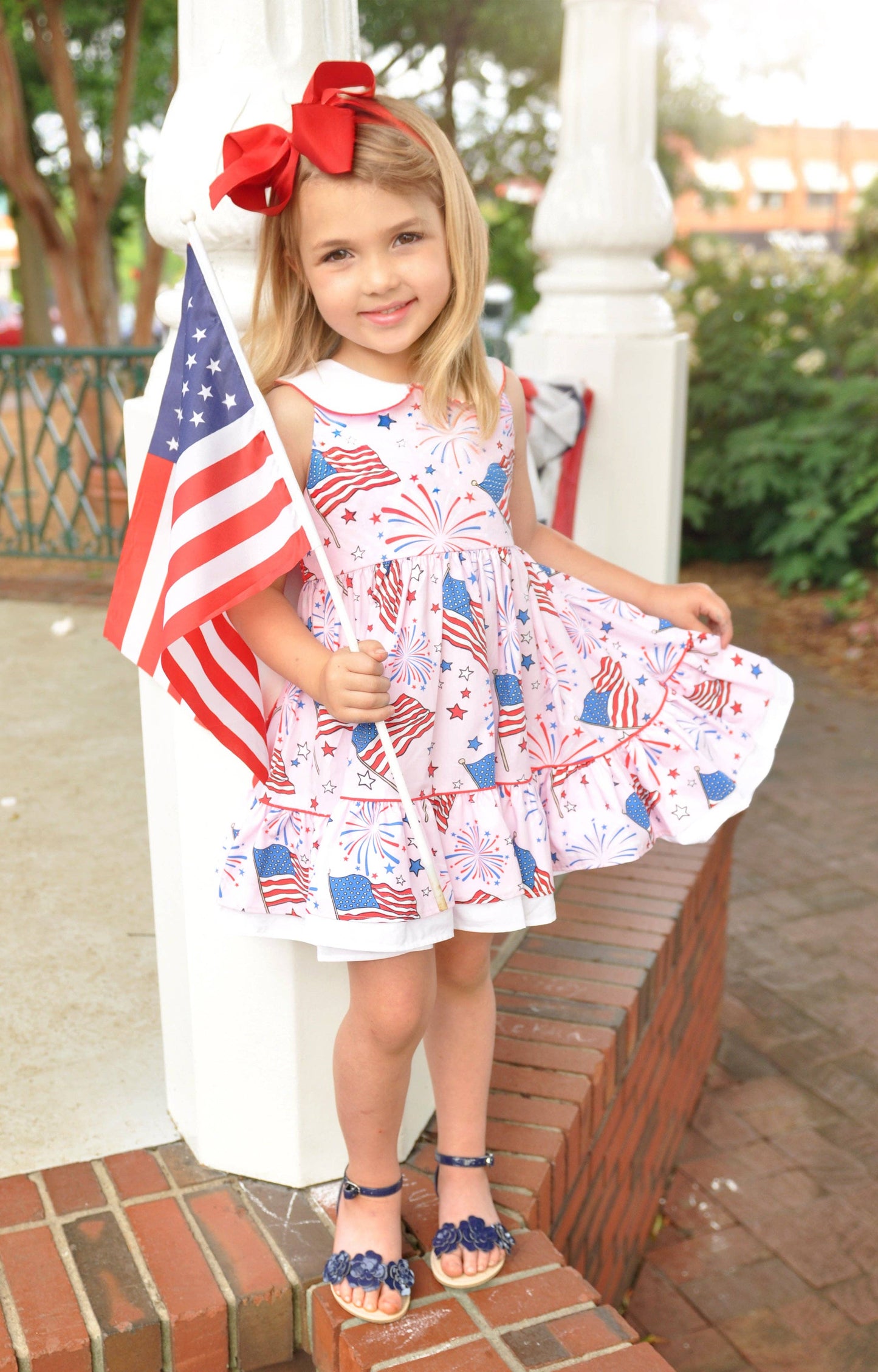 Fireworks Peter Pan Collar Flag Print Pink Dress