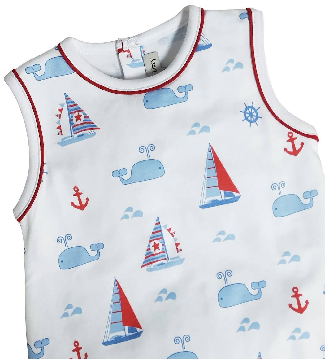 Nantucket Whales and sailboats Print Boy's romper