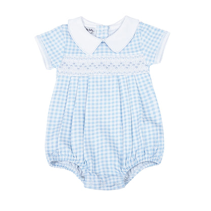 Mini Checks Short Sleeve Smocked Bubble - Blue