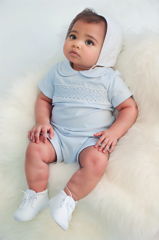 Baby Boys Light Blue Geo Smocked Bubble With Bonnet