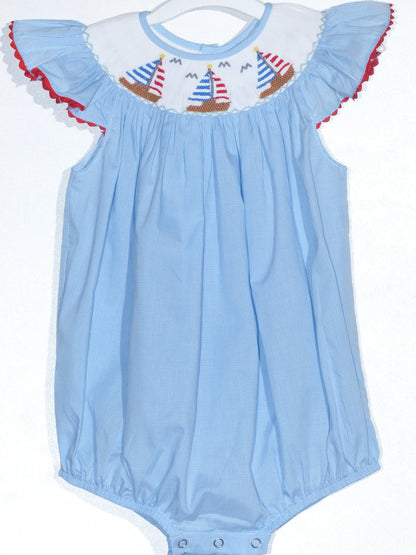 Blue Gingham American Flags Sailing with Smocked Angel Wing Sleeve Bubble