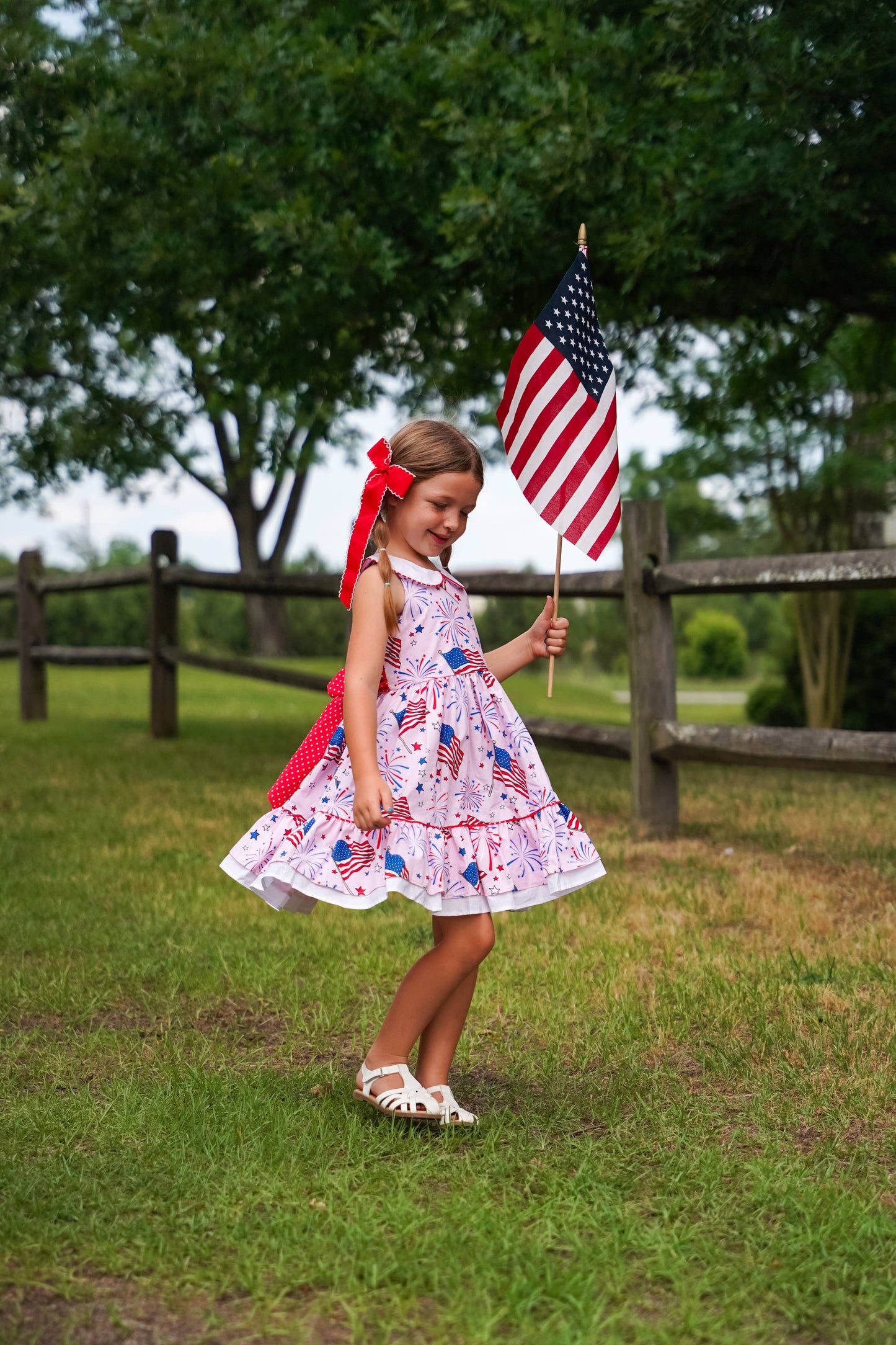 Fireworks Peter Pan Collar Flag Print Pink Dress