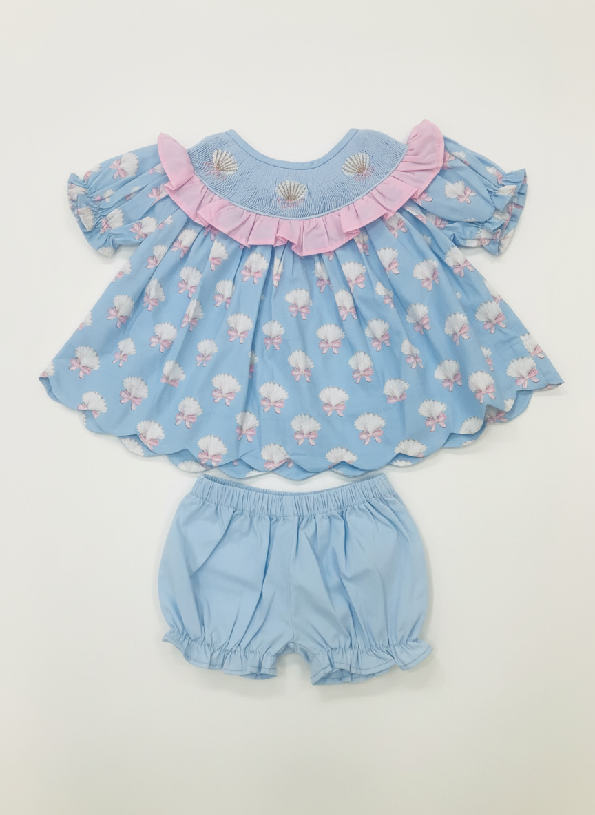Sally Sea Shells Hand Smocked Knicker/Short Set