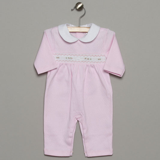 PINK / WHITE COLLARED HAND SMOCKED PIMA ROMPER