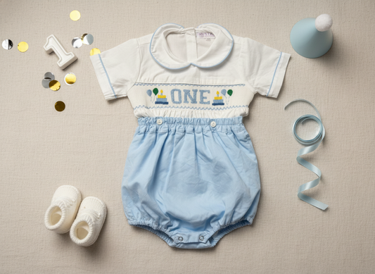 “ONE” Smocked Birthday Boy Bubble Set