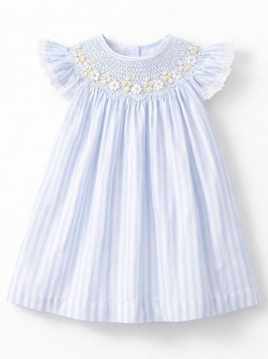Daisy Blue Stripes Hand Smocked Bishop Dress