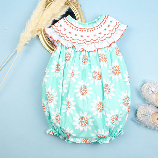 Coral Geometric Hand Smocked Mint Bubble