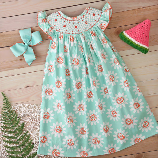 Coral geometric hand smocked mint dress