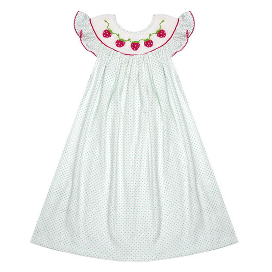 Hand Smocked Strawberry Mint Dotted Dress