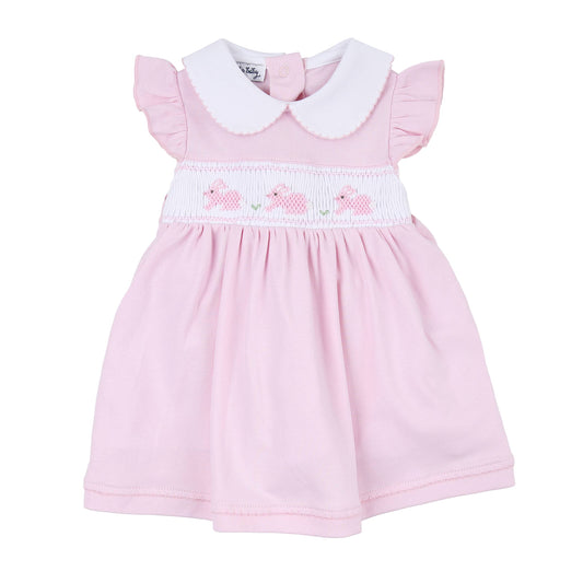 Pastel Bunny Pink Smocked Collared Flutters Dress Set Pink