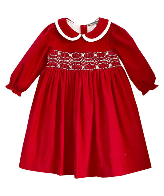 Red Smocked Corduroy Peter Pan Dress