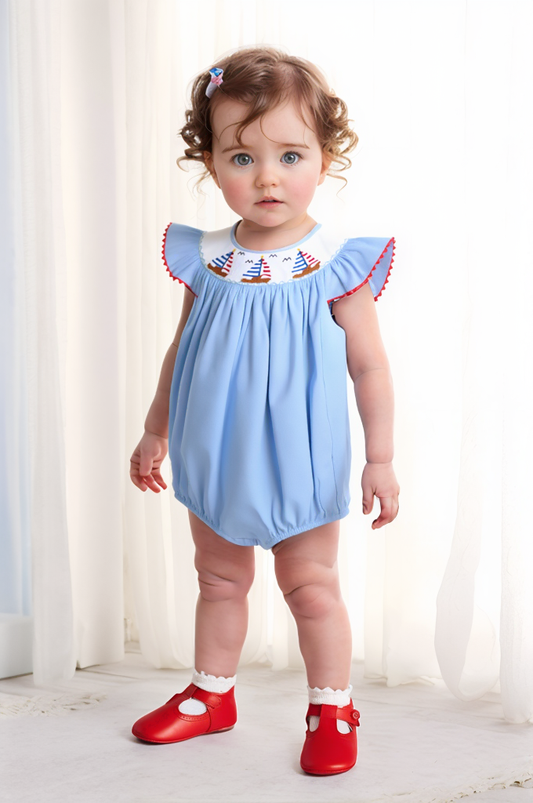 Blue Gingham American Flags Sailing with Smocked Angel Wing Sleeve Bubble