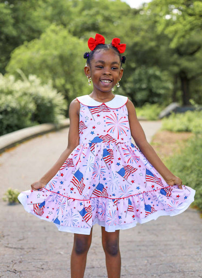 Fireworks Peter Pan Collar Flag Print Pink Dress