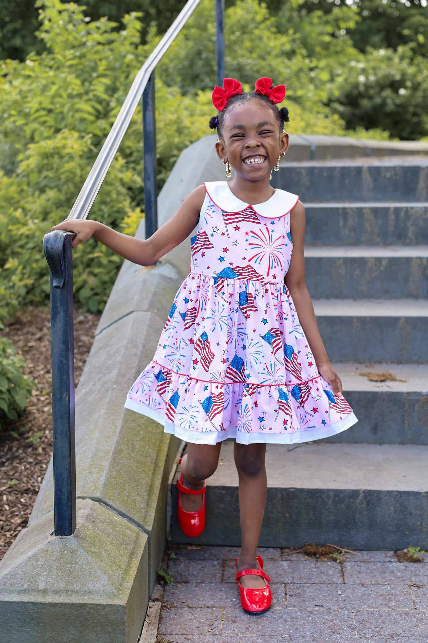 Fireworks Peter Pan Collar Flag Print Pink Dress