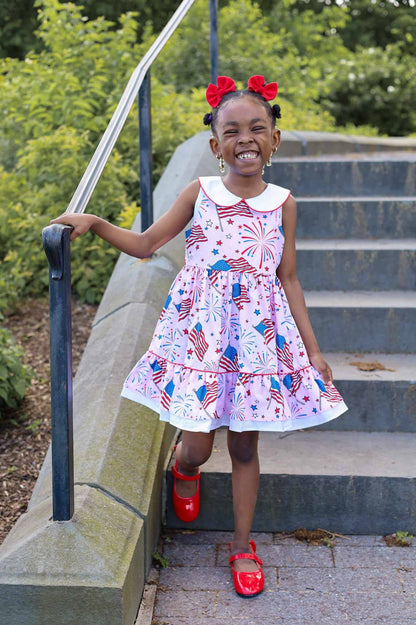 Fireworks Peter Pan Collar Flag Print Pink Dress