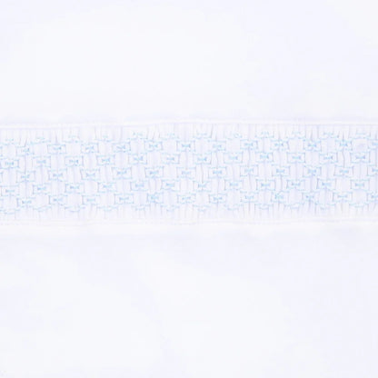 Smocked White Footie with Blue Trim
