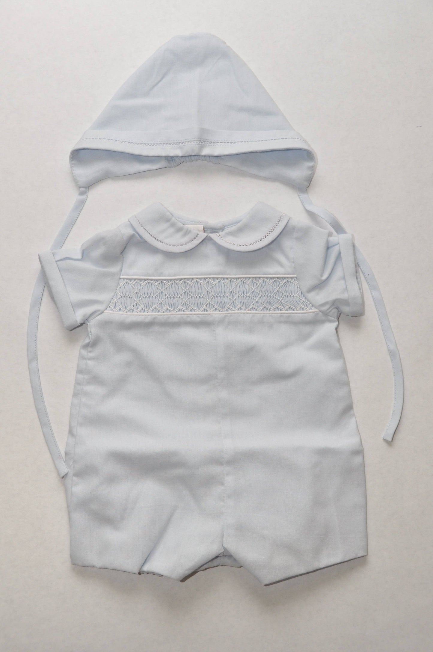 Baby Boys Light Blue Geo Smocked Bubble With Bonnet