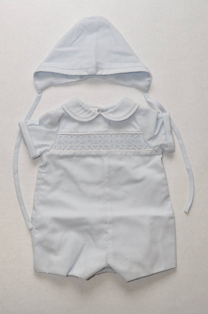Baby Boys Light Blue Geo Smocked Bubble With Bonnet