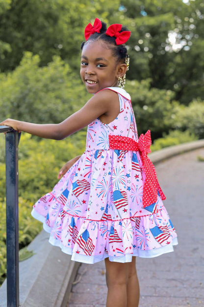 Fireworks Peter Pan Collar Flag Print Pink Dress
