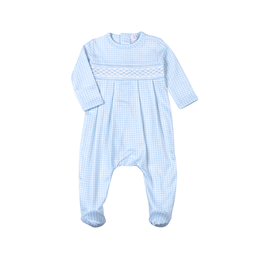 Blue gingham clsssic Pima Hand Smocked Footie